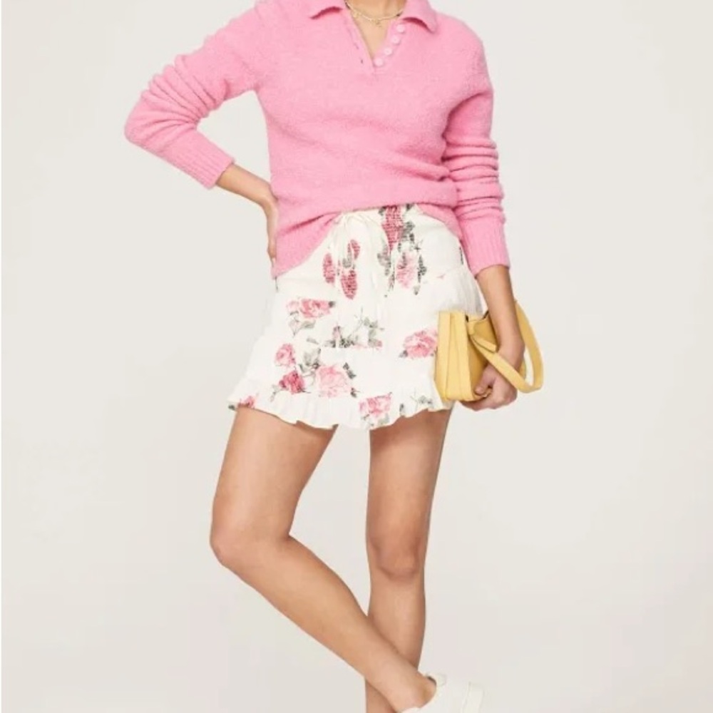 LoveShackFancy Pink and White Floral Mini Skirt